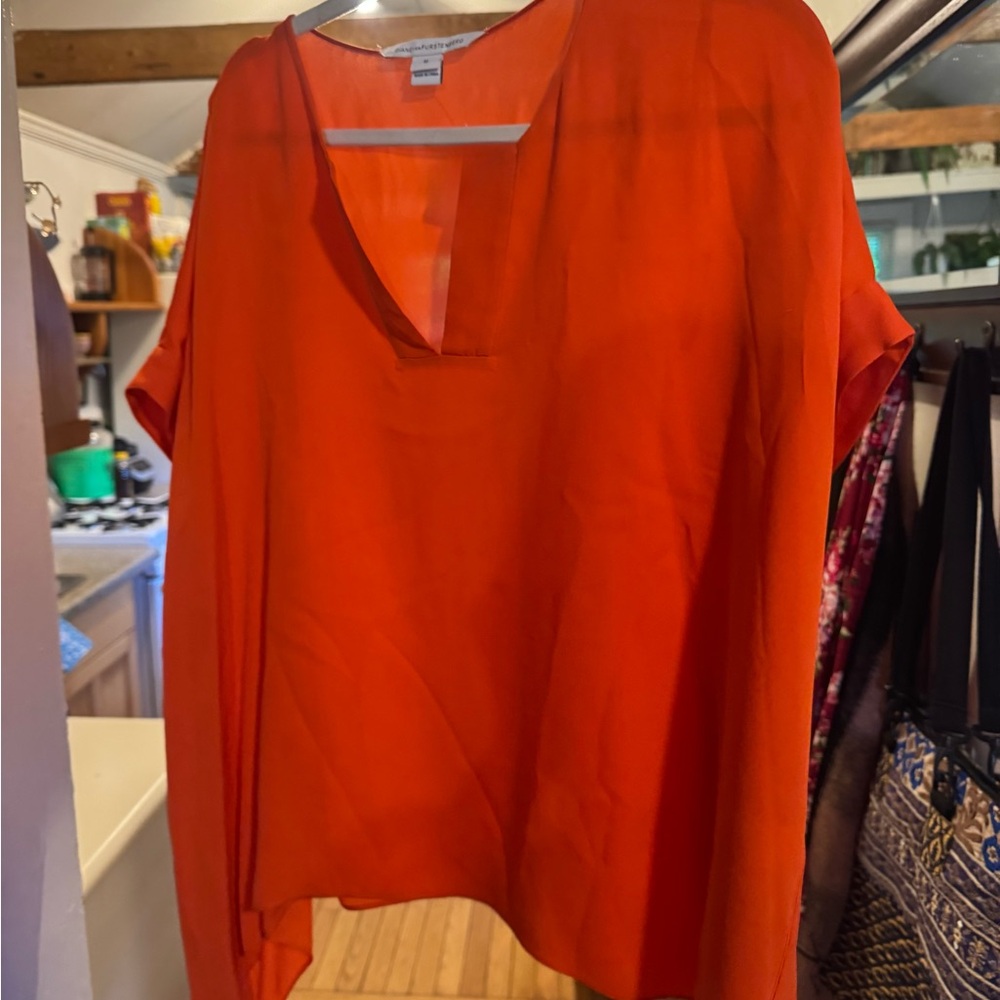 Diane Von Furstenberg Orange Short Sleeve Blouse with Mandarin Collar